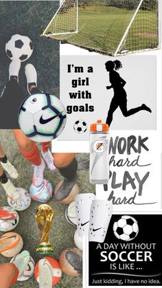 collage of various sports related items including shoes, soccer balls and posters with slogans