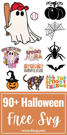 an image of halloween stickers with the text, 90 + halloween free svg