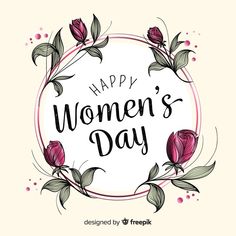 happy women's day card with flowers and leaves in a circle on a white background