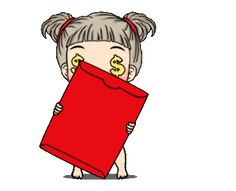 a cartoon girl holding a red piece of paper