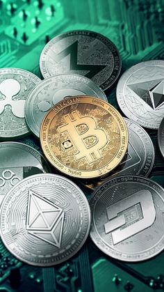 bitcoin is shown on top of an electronic circuit with many other crypt symbols