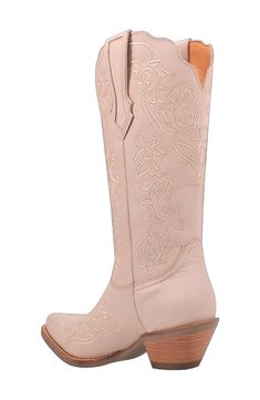 Add a dose of Western flair to your footwear collection with a leather cowboy boot boasting intricate topstitching and a sweetly scalloped topline. A thick block heel and cushioned footbed make it perfect for a night of line dancing. Cushioning: absorbs impact and distributes weight for consistent, buoyant comfort under each step 2" heel 13" shaft; 14" calf circumference Pull-on style Cushioned insole Leather upper/textile lining/synthetic sole Imported Western Boots With Low Heel And Medium Width, Western Boots With Low Heel, Beige Western Boots With Square Toe, Fitted Western Cream Boots, Fitted Cream Western Boots, Western Cream Boots With Reinforced Heel, Western Cream Boots For Ranch, Cream Western Boots With Reinforced Heel, Western Style Cream Boots With Reinforced Heel