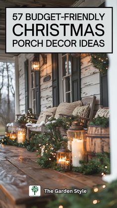 a porch decorated for christmas with candles and greenery