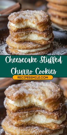 cheesecake stuffed churro cookies stacked on top of each other