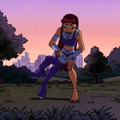 a cartoon character is standing in the middle of a field with trees and buildings behind her