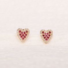 Genuine Ruby Gemstone With SI G-H Color Natural Diamonds Heart Earrings. Made In Solid 14k Yellow Gold Mini Love Studs. Lovely Gift for Mother's Day, Birthday, Christmas, Valentines Day. Also available in Rose Gold, White Gold and Yellow Gold. Product info: * Made to Order *Metal : Yellow Gold ( also available in Rose Gold & White Gold) * Purity : Solid 14k Gold ( Also available in 9k & 18k Gold) * Gemstone : 100 % Genuine Ruby * Stone Weight : 0.10 Ct Approx  *  Natural, Diamonds * Diamond Clar Cubic Zirconia Jewelry With Matching Earrings For Valentine's Day, Valentine's Day Cubic Zirconia Jewelry With Matching Earrings, Valentine's Day Fine Jewelry With Sparkling Stones, Valentine's Day Fine Jewelry Heart Earrings, Valentine's Day Double Heart Fine Earrings, Heart Cut Yellow Gold Diamond Earrings For Valentine's Day, Fine Jewelry Heart Earrings With Cubic Zirconia, Fine Jewelry Double Heart Earrings For Valentine's Day, Valentine's Day Diamond Jewelry With Matching Earrings