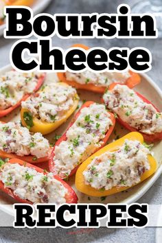 the recipe for bourssin cheese stuffed bell peppers is shown on a white plate