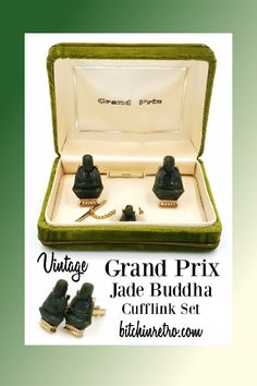 Vintage Grand Prix Jade Buddha Cufflink Set in Original Box at BitchinRetro.com Gift Ideas For Fathers Day, Ideas For Fathers Day, Jade Buddha, Valentines Sale, Green Box, Symbolic Jewelry, Retro Gifts, Cufflink Set