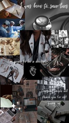 a collage of photos with doctors and other things in them, including books, scissors, eyeglasses, etc