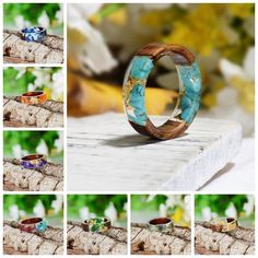 several pictures of different rings with flowers in the background