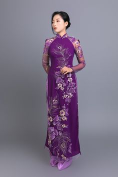 Custom made ao dai (Vietnamese traditional dress) in lace and purple chiffon (price includes pants worn underneath ao dai dress). This ao dai is spectacular yet very tasteful and elegant. After purchase we will send you a quick and simple form to guide you through taking the measurements we require for an amazing fit. Shipping details: Please allow up 4 weeks for custom making and shipping, once measurements are received. Colors: Please note; we make every effort to ensure our photos accurately Vietnamese Traditional Clothing, Ao Dai Vietnamese, Vietnamese Wedding, Vietnamese Traditional Dress, Traditional Dress, Peacock Feather, Chiffon Fabric, Dress Clothes For Women, Traditional Dresses