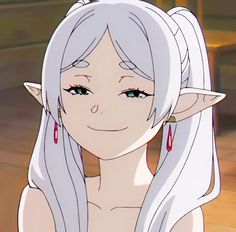 an anime character with long white hair and blue eyes, wearing red earrings