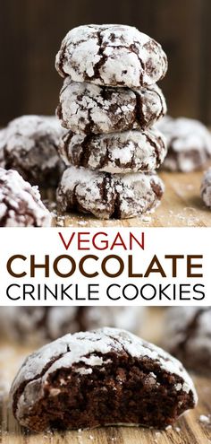 vegan chocolate crinkle cookies stacked on top of each other with the title