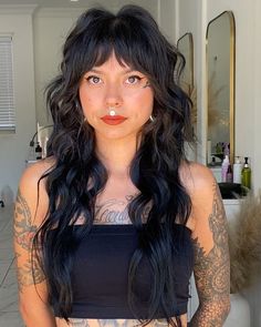 21 Hottest Long Shag Haircuts Ready To Dominate 2024 Edgy Long Shag Haircut, Rockstar Bangs Hair, Shag Haircut With Extensions, Thick Shaggy Bangs, Long Shag Haircut With Micro Bangs, Dark Hair Shag Haircut, 80s Haircut Women Long, Goth Shag Haircut, Black Hair Shag Haircut