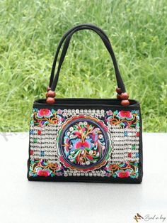 Bird in Bag - Chic Floral Embroidered Handbag: Fashionable Canvas Bag with Zipper Closure for Women Embroidered Handbag, Bag With Zipper, Bird In Bag, Bag Bag, Square Bag, Canvas Bag, Polyester Material, Fashion Statement, Color Blocking