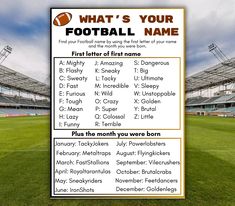 a football game is being played on the field with an orange and white sign that says, what's your football name?