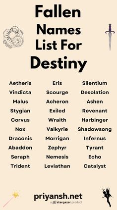 a poster with some writing on it that says fallen names list for destiny