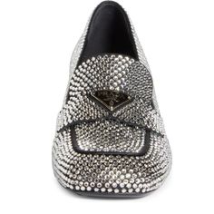 This loafer with triangle logo comes in satin covered in crystals that create plays of light and iridescent glimmers on the surface. Defined by a low heel and square toe, this shoe reimagines the classic penny loafer from a feminine perspective..Crystal embellishmentLogo plaqueRound toeBranded insoleMedium block heelComposition: Fabric 100%, Crystal 100%Lining: Leather 100%Sole: Leather 100%, Rubber 100%Made in Italy Elegant Rhinestone Slip-on Loafers, Luxury Pointed Toe Party Loafers, Luxury Pointed Toe Loafers For Party, Formal Loafers With Rhinestones And Round Toe, Designer Pointed Toe Loafers For Party, Designer Pointed Toe Loafers For Evening, Designer Patent Leather Loafers For Party, Luxury Formal Loafers With Rhinestones, Luxury Rhinestone Loafers For Formal Occasions