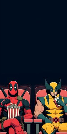 two deadpools sitting on red chairs in front of a black background, one holding a popcorn box