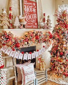 a decorated christmas tree sitting next to a fireplace