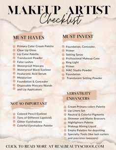 makeup artist checklist Makeup Studio Essentials, Basic Makeup Essentials List, Cosmetology School Makeup, Makeup Artist Needs, Self Makeup Course, Content Ideas For Makeup Artist, Dark Skin Eye Makeup, Makeup Artist Content Ideas