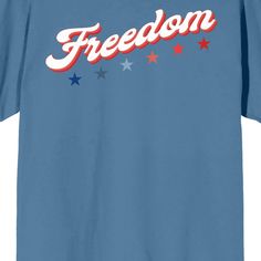 Celebrate the land of the free with this Americana tee. The shirt features white letters that spell out, ""Freedom," while colorful stars appear below the text. The tee comes in a blue fog short sleeve crew neck. Show some love for the red, white, and blue with this comfy t-shirt. Blue Short Sleeve T-shirt For Independence Day, Blue Crew Neck T-shirt For Labor Day, American Style Blue T-shirt For 4th Of July, Blue American Style Short Sleeve T-shirt, Blue Graphic Tee For Independence Day, Blue Short Sleeve American Style T-shirt, Blue Short Sleeve T-shirt For Memorial Day, Memorial Day Streetwear T-shirt With Letter Print, Blue T-shirt With Text Print For 4th Of July