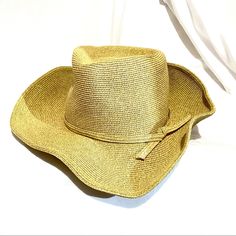 San Diego Paper Braid Women’s Hat With Large Brim In New Without Tags Condition Solid Color Summer Hat For Rodeo, Solid Color Summer Rodeo Hats, Solid Color Summer Fedora For Rodeo, Summer Rodeo Fedora, Casual Adjustable Gold Sun Hat, Gold Adjustable Casual Sun Hat, Casual Gold Straw Hat With Curved Brim, Casual Gold Hat With Curved Brim, Casual Gold Sun Hat For Vacation