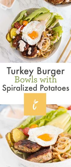 turkey burger bowls with spiralized potatoes and fried eggs are the perfect side dish for any meal