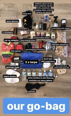 the contents of a travel bag laid out on top of a wooden floor with text that reads, our go - bag