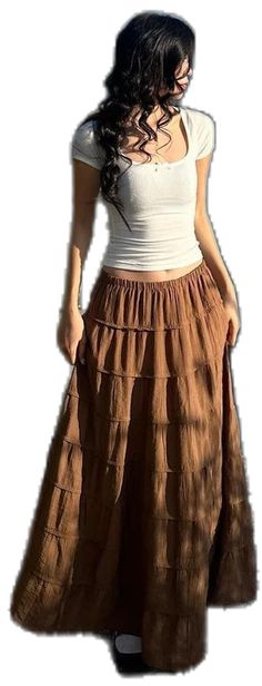 Peasant Skirt Outfit, Pattern Skirt Outfit, Long Skirt Outfits Aesthetic, Long Skirt Aesthetic, Brown Skirt Outfit, Thrift Aesthetic, Long Brown Skirt, Skirt Outfits Aesthetic, Brown Maxi Skirts