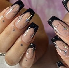 Black French Tip Nails Square With Charms, Black Nail Design Square, Witchy French Tip Nails, Square Witchy Nails, Black French Tip Nails Sparkle, Black And Silver French Nails, Black Sparkling Nails, Black Nail Designs French, Glam Black Nails