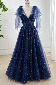 Sun And Moon Prom Dress, Yule Ball Dress Ideas Ravenclaw, Shimmery Blue Dress, Star Prom Dress Night Skies, Starry Night Formal Dress, Starry Night Prom Dress Midnight Blue, Stary Night Dresses, Yule Ball Dress Blue, Navy Blue Dress Elegant