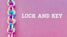 the words lock and key are written in white letters on a pink background with a multicolored chain