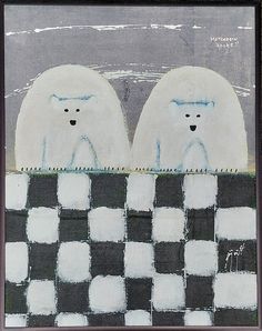 two white polar bears sitting on top of a checkerboard tablecloth covered wall