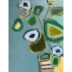 an abstract painting with green and blue colors