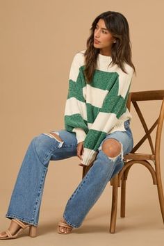 Cali Striped Oversized Sweater in Green | Altar'd State Trendy Knit Sweatshirt, Trendy Textured Knit Sweater, Casual Slouchy Sweater With Ribbed Cuffs, Slouchy Casual Sweater For Loungewear, Relaxed Crew Neck Sweater For Fall, Oversized Cozy Knit Top For Layering, Cozy Oversized Knit Top For Layering, Oversized Chic Textured Knit Top, Oversized Textured Knit Top For Fall