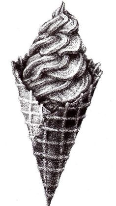 an ice cream cone is shown in black and white, as if it were crayon