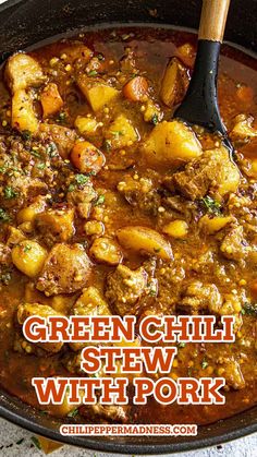 Green Chili Stew With Pork in a big skillet Pork And Green Chili, Chili Stew Recipe, Green Chili Pork Stew, Green Chili Stew, Chili Stew, Green Chili Pork, Green Chile Stew, Pork Stew