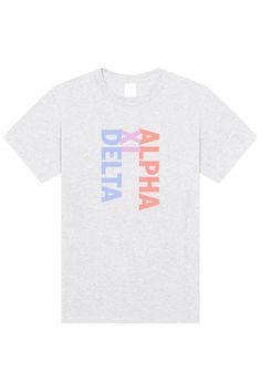 a white t - shirt with the words do delta delta in multicolored letters