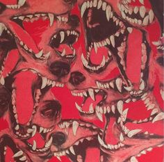 an abstract painting with many teeth and fangs on it's face, in red tones