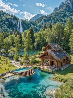 an aerial view of a house with a pool in the foreground and mountains in the background