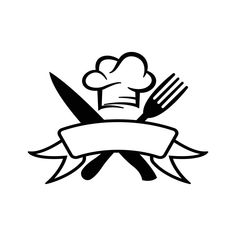 a black and white image of a chef's hat with knives, fork and knife