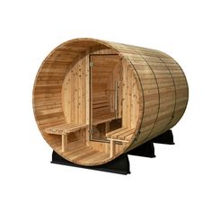 a wooden barrel sauna is shown on a white background