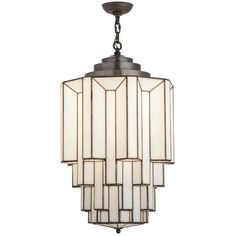 an art deco style chandelier with white glass panels and metal chain hanging from the ceiling