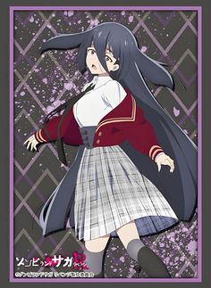 an anime character with long black hair wearing a uniform and holding her hand out to the side