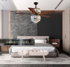 a bedroom with a bed, ceiling fan and chandelier hanging from the ceiling