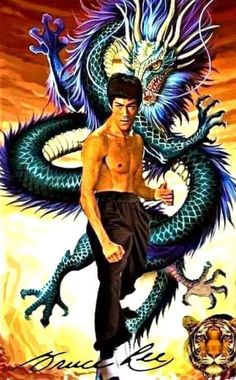 a man standing next to a dragon on top of a poster with the words bruce