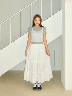 White Tiered Skirt For Day Out, White Midi Skirt For A Day Out, Maxi White Skirt, Skirt Korean, Skirt White, White Skirt, White Skirts, Flare Skirt, Composition