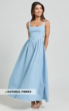 Rhaziya Midi Dress - Sleeveless Straight Neck Fit and Flare Dress in Blue | Showpo USA Sleeveless Sundress With Fitted Bodice For Brunch, Fitted Bodice Sleeveless Sundress For Brunch, Casual Blue Sleeveless Dress For Garden Party, Sleeveless Fit And Flare Sundress For Brunch, Sleeveless Fit And Flare Dress For Brunch, Summer Maxi Dress With Fitted Bodice In Blue, Light Blue Sleeveless Sundress For Brunch, Sleeveless Maxi Dress With Fitted Bodice For Day Out, Blue Midi Dress With Fitted Bodice For Summer