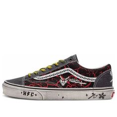 The Vans Stranger Things x Style 36 'Hellfire Club' is a rebellious sneaker with a classic silhouette. Featuring a black and red checkerboard pattern and canvas upper, it is detailed with skull, axe and dragon throw star motifs. The perfect distressed sole and laces add to its edgy personality. Inspired by the fourth season of Stranger Things, this sneaker is perfect for everyday wear and activities like skateboarding. The 'Hellfire Club' is a must-have for any Stranger Things fan. (SNKR/Skate/Unisex/Low Top/Non-Slip/Crossover/Wear-resistant) Vans Custom Low-top Sneakers With Laces, Vans Streetwear Sneakers With Vulcanized Sole, Custom Vans Sneakers For Streetwear, Vans Sneakers With Vulcanized Sole For Streetwear, Vans Vulcanized Sole Sneakers For Streetwear, Vans Custom Sneakers For Streetwear, Urban Style Vans Custom Lace-up Sneakers, Urban Vans Custom Sneakers With Rubber Sole, Low-top Custom Sneakers With Red Sole For Streetwear